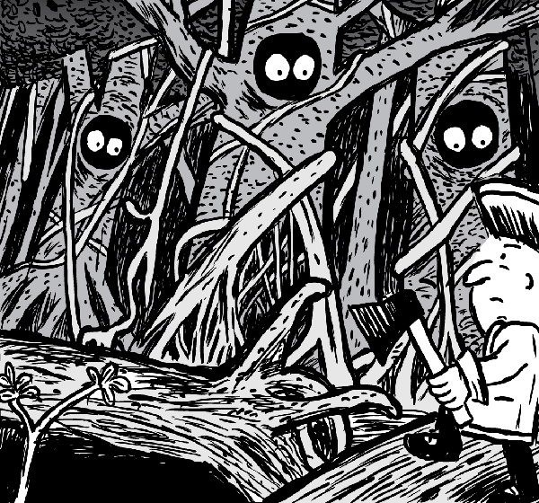 Man holds axe, looking at rainforest. Black and white cute trees with eyes cartoon.