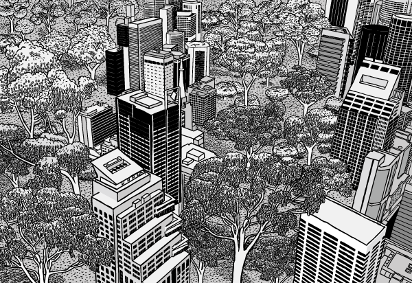 Cartoon city skyscrapers surrounded by trees. Black and white aerial drawing office towers. Urban nature.