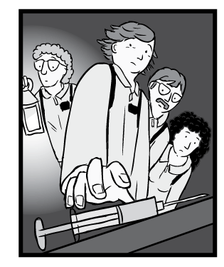 Low angle cartoon drawing of Rat Park scientists picking up morphine drug syringe. Black and white, glowing lantern.