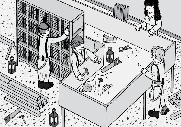 Cartoon illustration of Rat Park researchers constructing apparatus. Isometric view high angle perspective drawing.