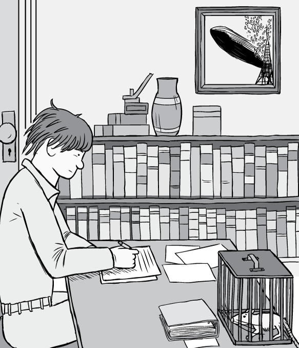 Cartoon psychologist Bruce Alexander working at writing desk. Black and white drawing of man working at 1980s office desk with books on shelves.