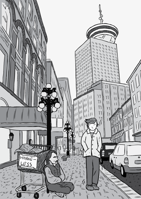 Drawing of man walking down Vancouver street past homeless man with shopping cart. Black and white cartoon drawing Gastown near Harbour Centre.