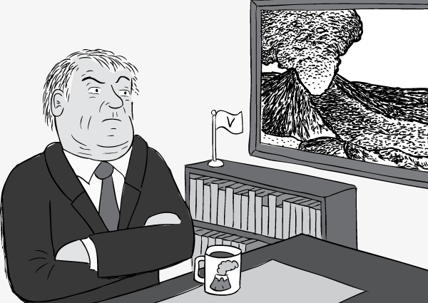 Cartoon conservative man sitting at desk, arms folded.