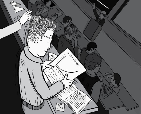 Black and white cartoon of man in classroom reading surprising information. View over shoulder of shocked student.