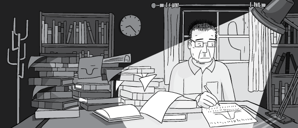 Cartoon man with glasses working in darkened office, illuminated by desk man. Drawing of messy office desk during night time.