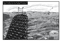 Wind gusts blowing past a half-completed roller coaster slope built in the middle of a city. Windy day above city office towers. High angle cartoon drawing of urban sprawl.