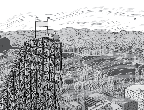 Panoramic view above city on a windy day. Man sitting in roller coaster car at the top of an unfinished rollercoaster slope above urban office towers.