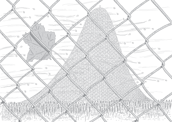 Plaintive cartoon drawing of distant roller coaster slope on windy day. Drawing of dead left caught in chain-link fence.