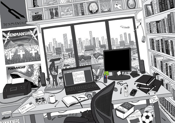 Drawing of cluttered home office desk, with bookshelves, laptop computer, printer and other stationery. Work desk with a view out a window towards a city skyline.