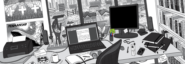 Detailed illustration of home office desk overlooking city suburb. Cluttered desk features laptop computer, monitor, mouse, printer, writing pads, notebooks, speakers.