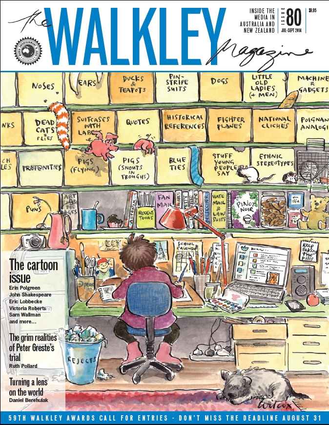 Cartoonist concentrating on drawing at a cluttered desk. Walkley Magazine cover by Cathy Wilcox.