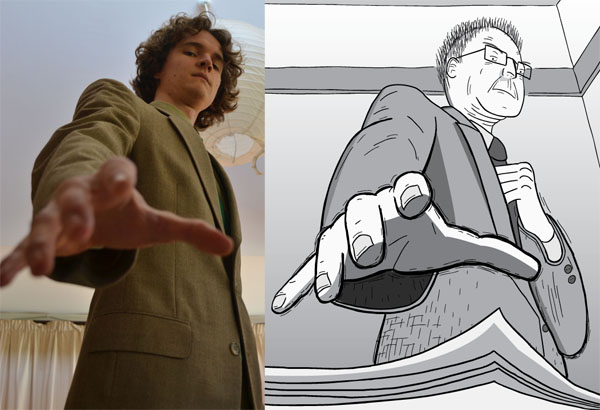 Cartoonist Stuart McMillen posing as a reference for a character in his comic Peak Oil starring Marion King Hubbert.