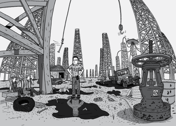 Panoramic wide-angle shot of man standing in the middle of a Texas oil field, surrounded by oil derricks and puddles of petroleum. Hands on hips, looking up to the derricks that tower overhead.