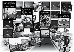 Complicated comic art arrangement. Timeline of cartoon car driving along a highway throughout the night, and then breaking down at dawn.
