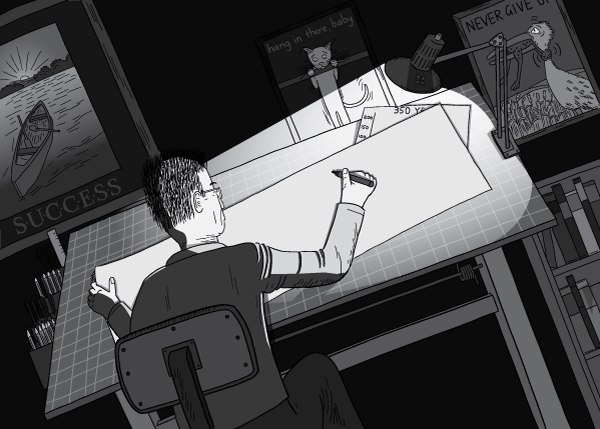 Comic artwork showing man working in a darkened room late into the night. Rear view over the shoulder of a man working under a desk lamp, drawing on paper place on an architect’s desk.