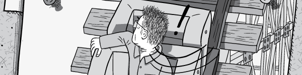 Angry cartoon drawing of man quickly turning around, looking over his shoulder.