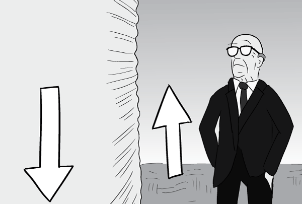 Cartoon black and white Buckminster Fuller observing side of water tank, and air currents.
