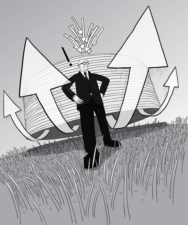 Cartoon drawing of Dutch angle Buckminster Fuller, with air current arrows blowing past him. Black and white illustration of Dymaxion Deployment Unit chilling dome on grassy field in Kansas.
