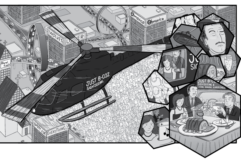 Cartoon high angle view of helicopter hovering above city, with invisible 'energy slave' workers pushing it through the air.