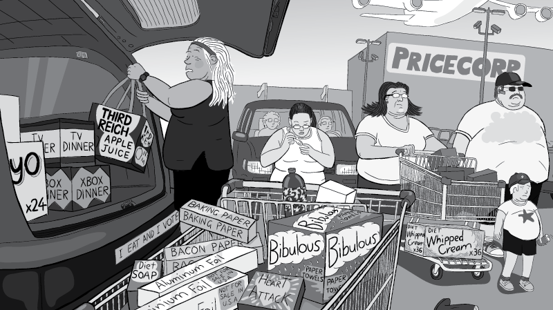 Obese family pushing shopping cart in big box supermarket car park.