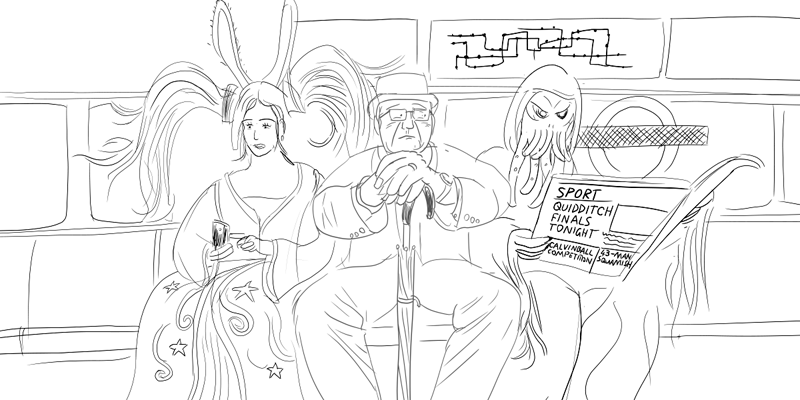 Draft London Tube scene, featuring Sona (League of Legends) and Cthulhu.