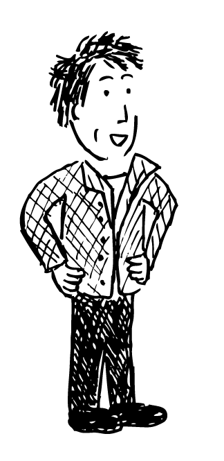 Cartoon man smiling with hands on hips. Drawing of Nick Crocker.