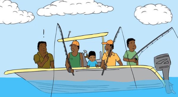 Cartoon men in a fishing boat. Drawing from Papua New Guinea natural hazards animation by Geoscience Australia.