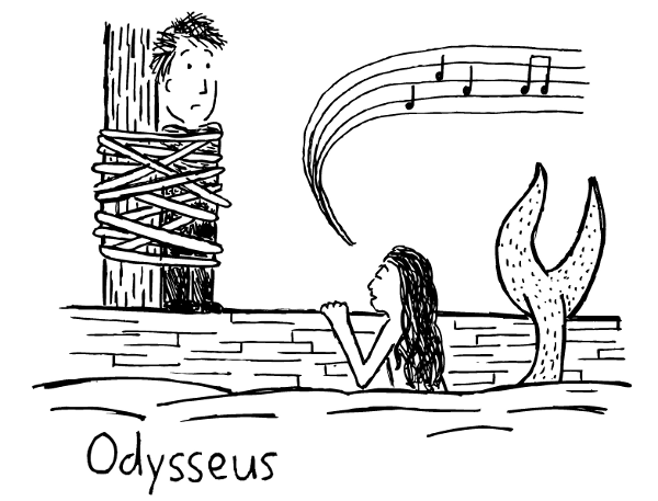Cartoon Odysseus tied to ship's mast. Mermaids singing sirens.