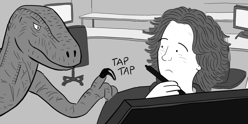 Cartoon of person getting distracted by a dinosaur tapping him on the shoulder. Looking at the dinosaur.