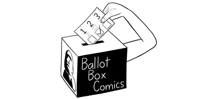 Ballot Box Comics logo - with one arm. Cartoon of ballot box placing a vote into its slot.