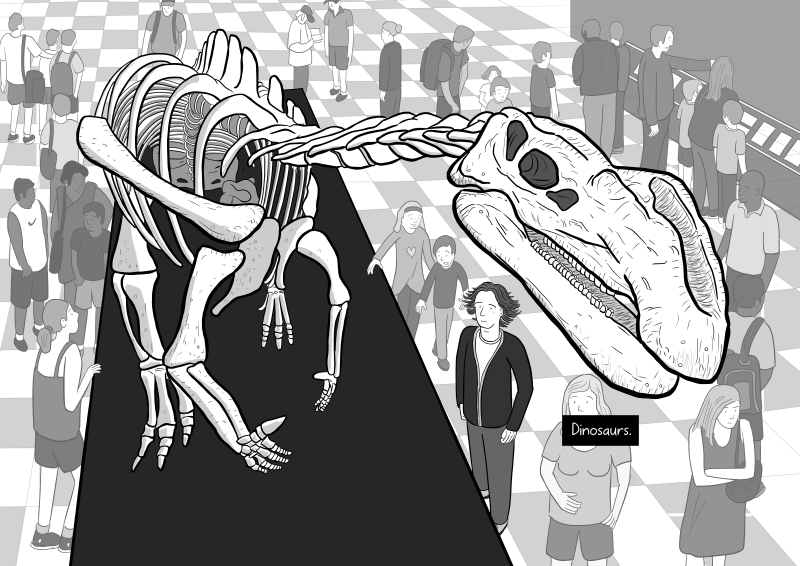 Dinosaur skeleton image in Stuart McMillen cartoon about science and religion: Version 1.