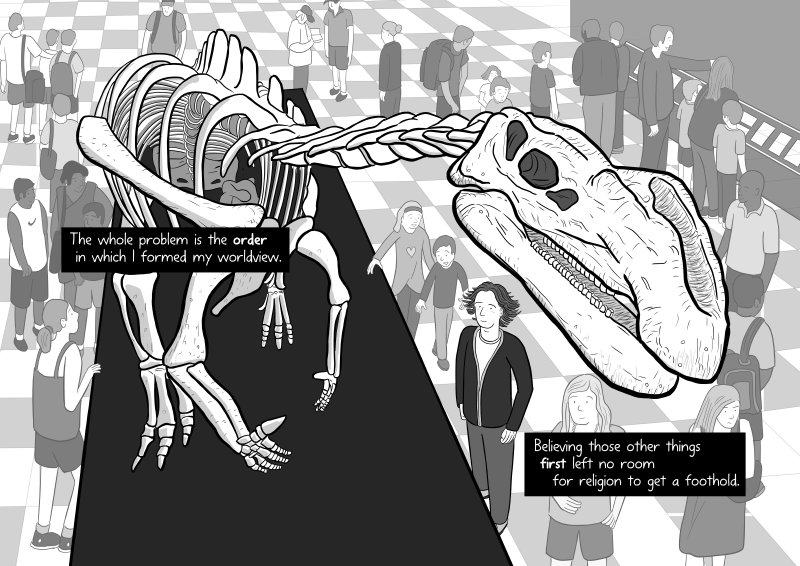 Cartoon dinosaur skeleton in museum science center in comic about science by Stuart McMillen