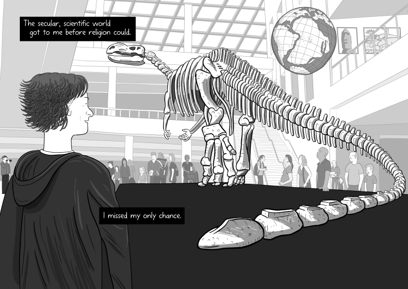 Cartoon rear view looking at dinosaur skeleton in science museum illustration: I missed my only chance to believe in religion.