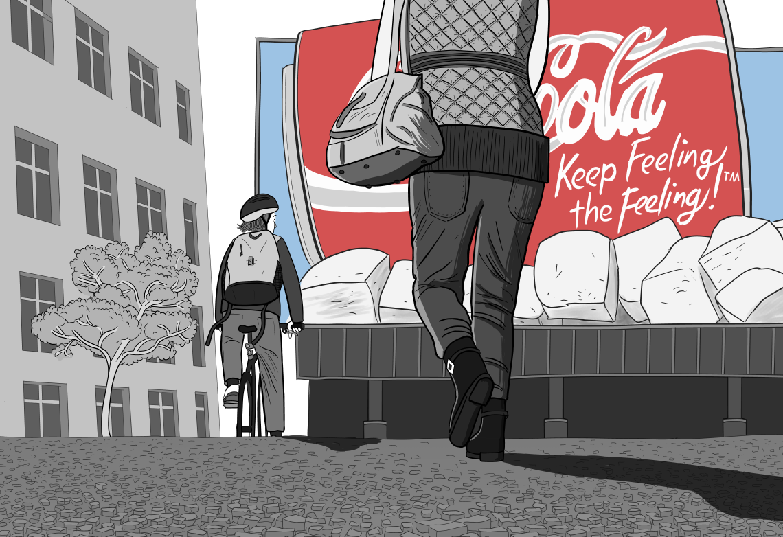 Drawing of cyclist and pedestrian walking away from viewer along deserted street, looking towards a huge Coca-Cola billboard on the side of a building.