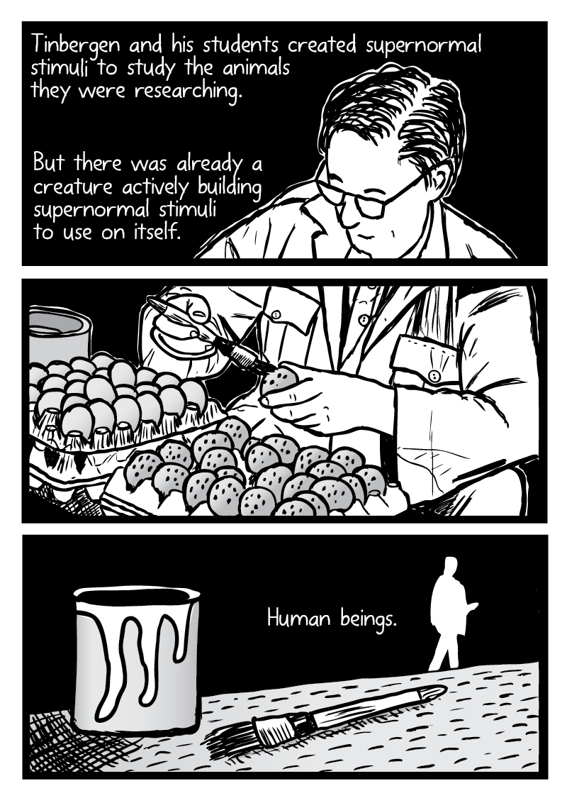 Cartoon illustration of Niko Tinbergen painting bird eggs from comic "Supernormal Stimuli" by Stuart McMillen.