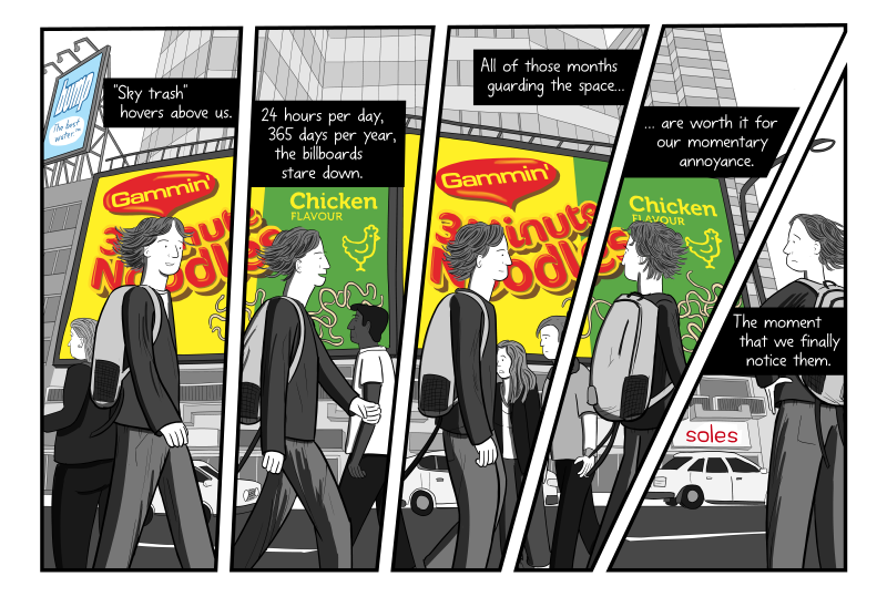 Maggi Noodle scene from billboard comic "The Crudest Form of Advertising". Showing one scene of "Gammin' Noodles" broken into multiple panels, with multiple characters walking across scene.