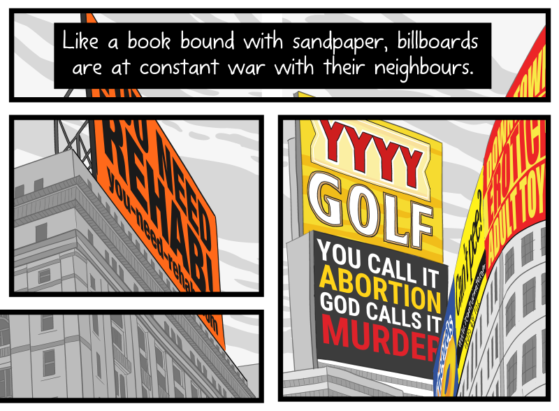 Artwork detail: "Litter on a Stick" comic about billboards broken up into multiple panels.