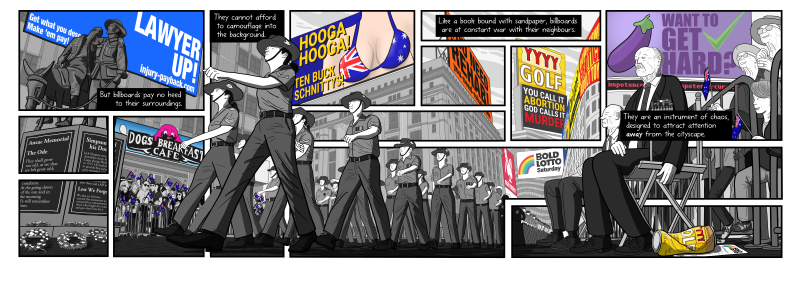 Cartoon "Anzac Day" scene from comic "Litter on a Stick" from Stuart McMillen's comics about billboards. Showing the one scene broken into multiple panels.