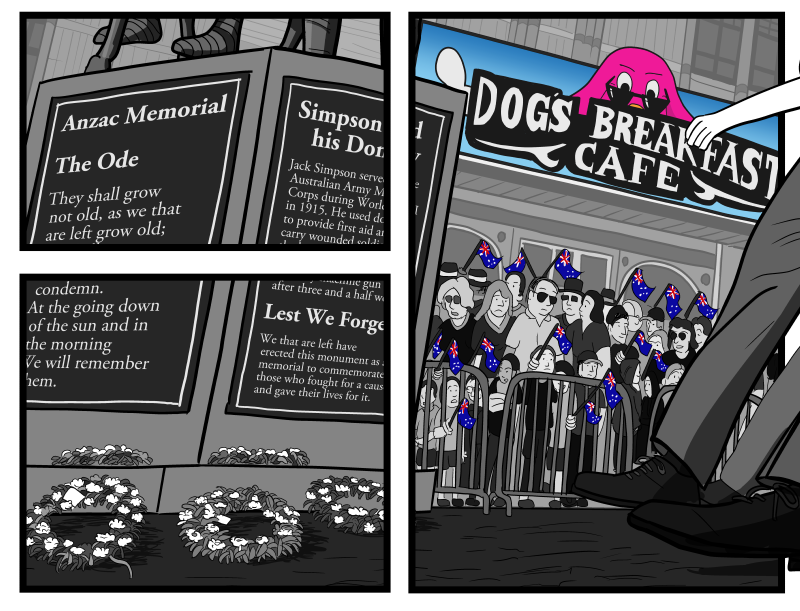 Detail from the Anzac Day scene illustration, showing wreaths of flowers laid at the base of a war memorial statue, and the "Dog's Breakfast Café" sign.
