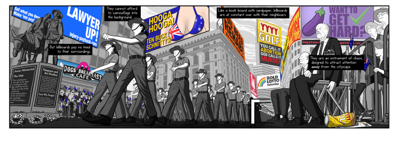 Stuart McMillen's Anzac Day parade scene as one unbroken horizontal scene, without panel borders breaking up the scene.