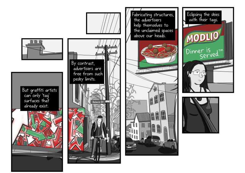 Dolmio billboard scene from "Tagging Public Space" comic - a.k.a. Modlio pasta sauce.