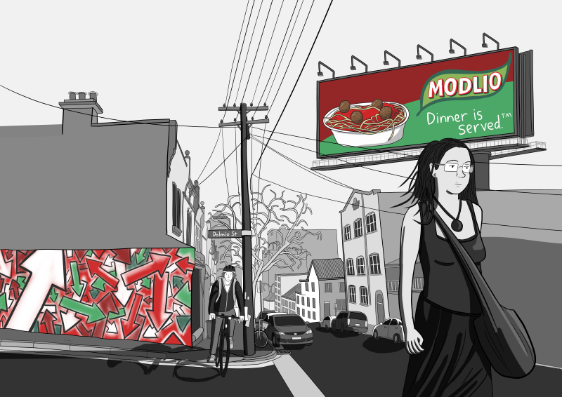 Stuart McMillen Dolmio double-page artwork without borders. Modlio pasta sauce billboard.