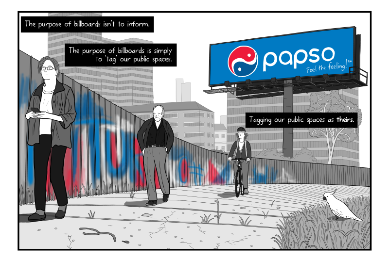 Cartoon criticising billboard advertising as claiming public space with eyesores.