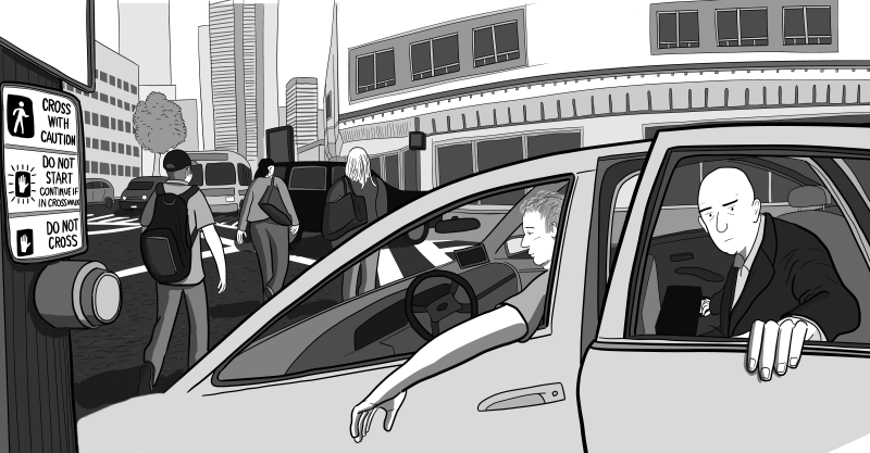Cartoon scene of businessman opening taxi door to exit a cab near crosswalk at downtown traffic lights