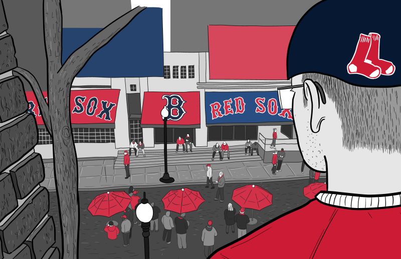 Rear view of back of fan wearing Boston Red Sox baseball cap, looking down at street near Fenway Park baseball stadium.