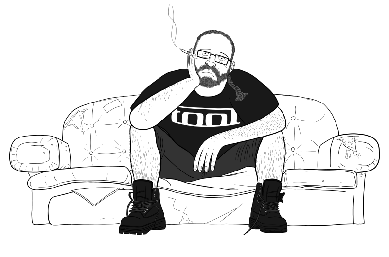 Cartoon of fat man with beard sitting on a couch looking depressed.