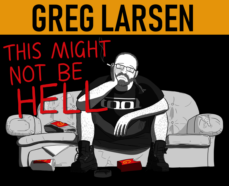 Draft version of Greg Larsen poster with handwritten text.