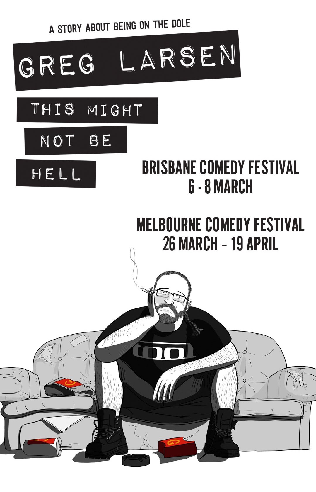 Poster for Greg Larsen comedy show "This Might Not Be Hell" at 2020 Melbourne and Brisbane Comedy Festivals.