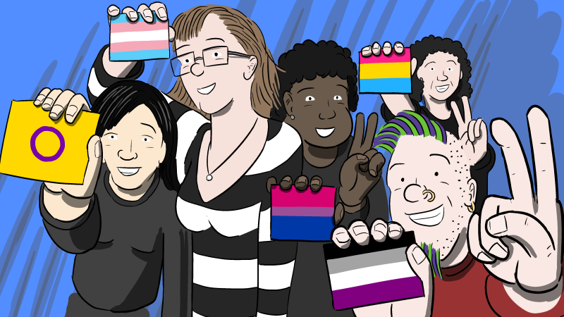 Cartoon of people holding up intersex flag, the transgender pride flag, the bisexual pride flag, the asexual pride flag, and the pansexual pride flag