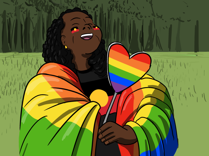 Cartoon woman draped in rainbow flag laughing with head thrown backwards